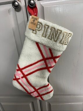 PINK Victoria's Secret White Sherpa Stocking with Red & Pink Plaid